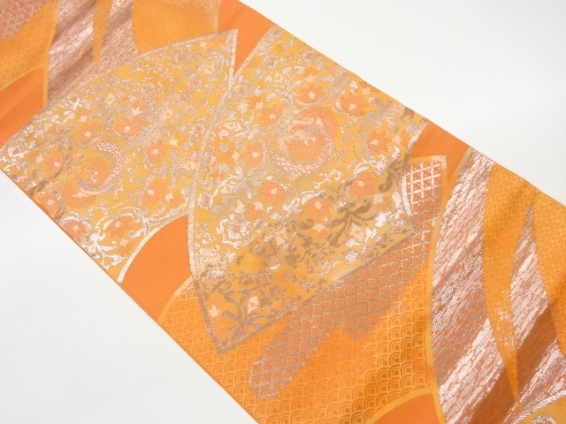 プラチナ箔地紙に抽象草花・鳳凰模様織出し袋帯